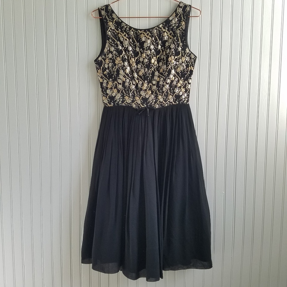 Vintage Black Midi Dress w Gold & Silver Stitching